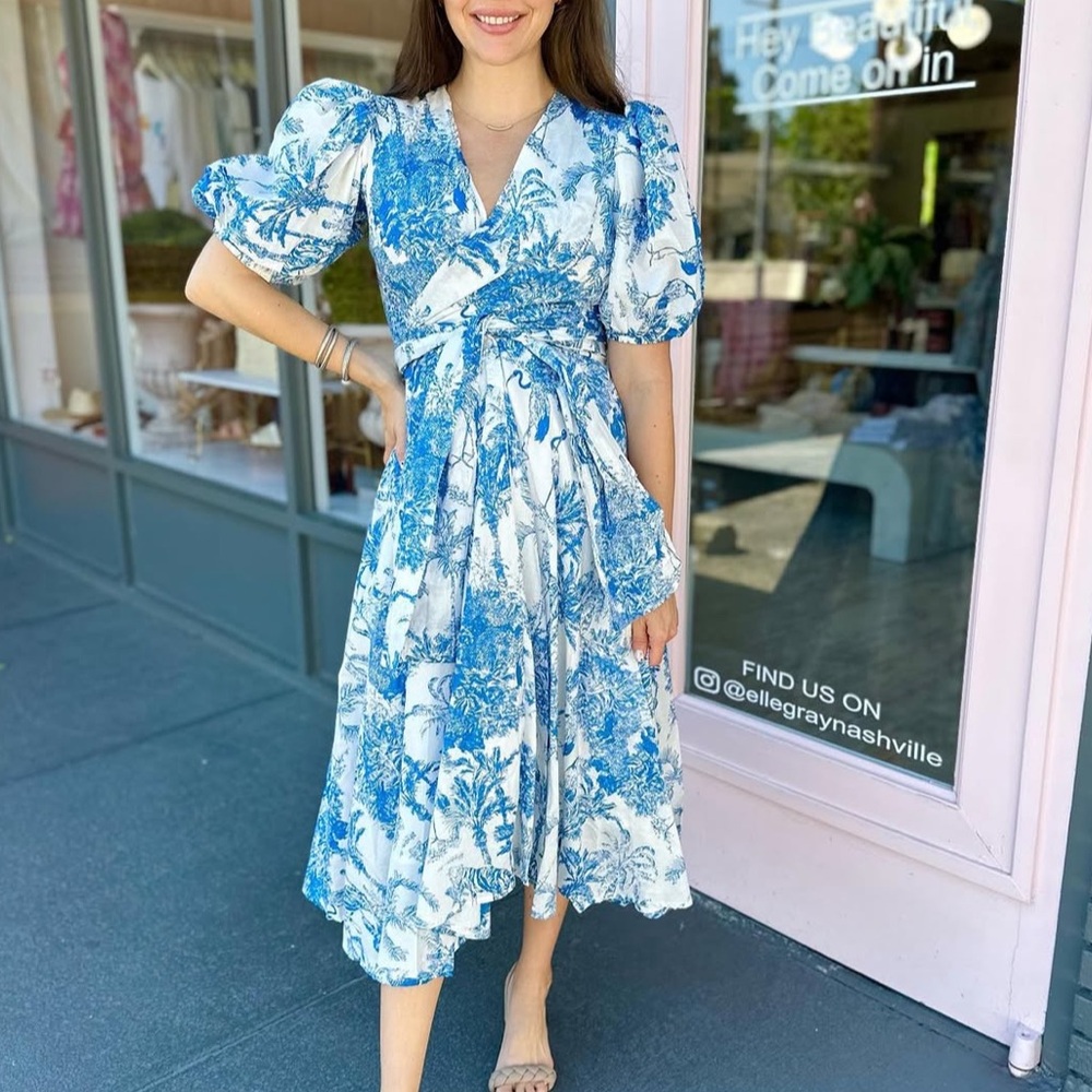 Guadalupe Design Monica Wrap Dress White & Blue Small